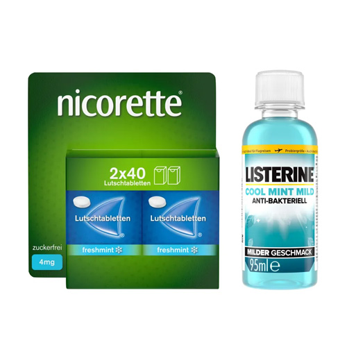 NICORETTE Lutschtablette 4 mg 2x40 St. Nicotine Freshmint + Listerine Cool Mint Mild 80 ml
